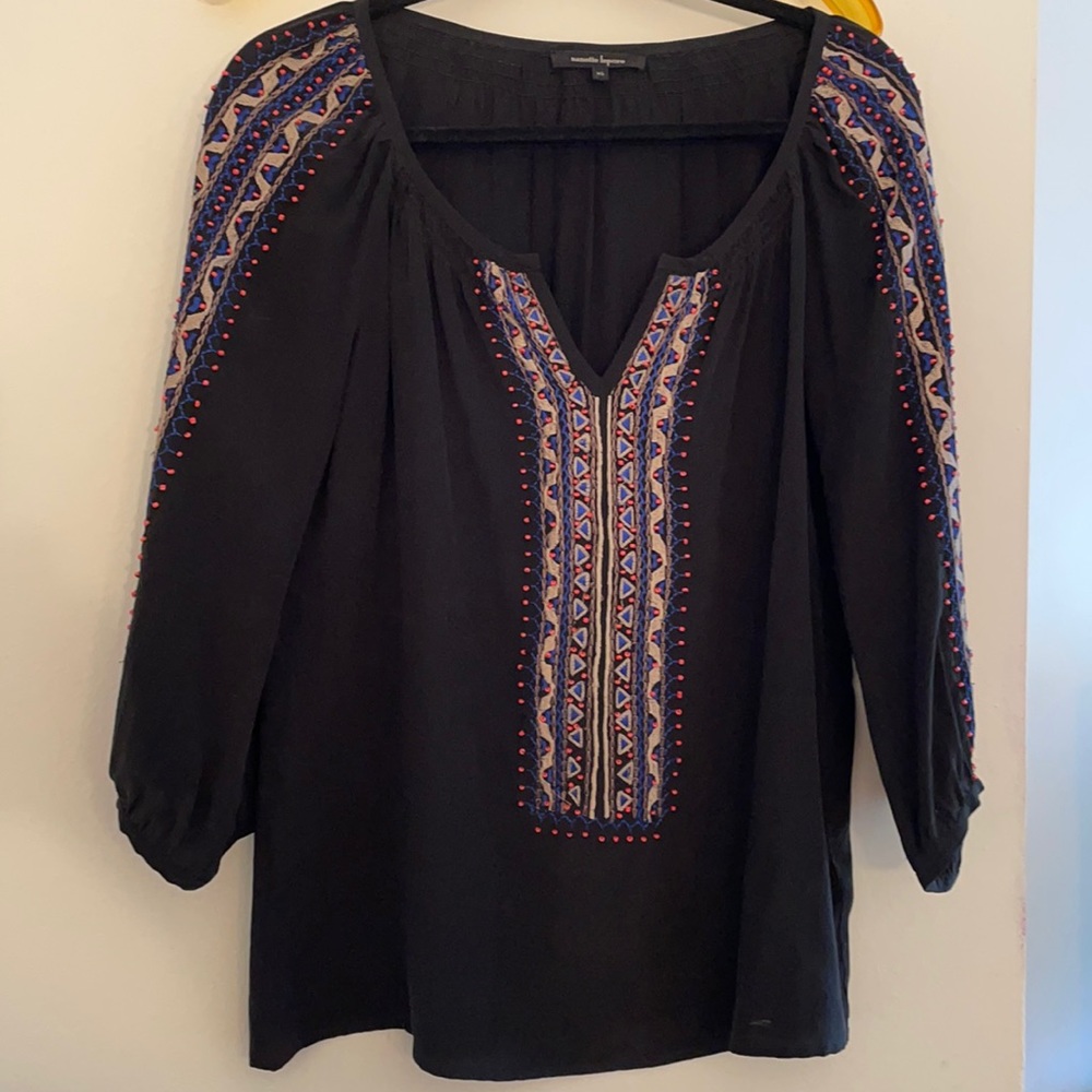 Nanette Lepore black 100% silk beaded 3/4 sleeve blouse
